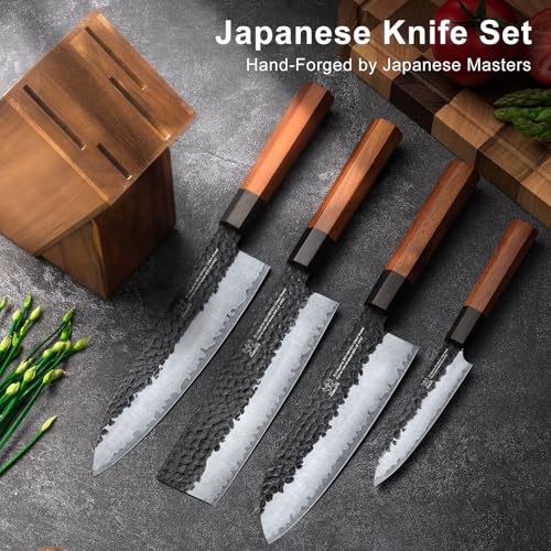 Image of FAMCUTE Japanese Knife Set with Block, Kitchen Knives Gift for Men & Women | Hand Forged 5-Layer 9CR18MOV Clad Steel Chef Knives with Rosewood Handles, Includes Chef, Santoku, Nakiri and Paring Knife