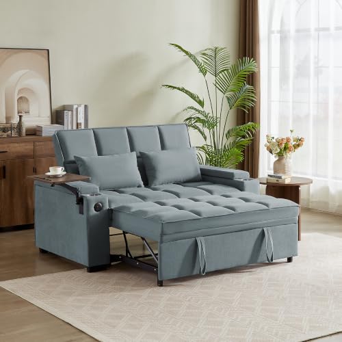 Image of KCGKCG 65 inch Pull-Out Sleeper Sofa Bed, Adjustable Backrest, Light Blue
