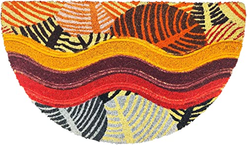 HOME ZEN HOUSEHOLD LINEN Zerbino Art. Raja in Fibra di Cocco Stampato in Fantasia Tappeto Ingresso con Retro PVC Antiscivolo con intarsio Ondulato (40X70 CM MEZZALUNA, FOGLIE COLORATE)