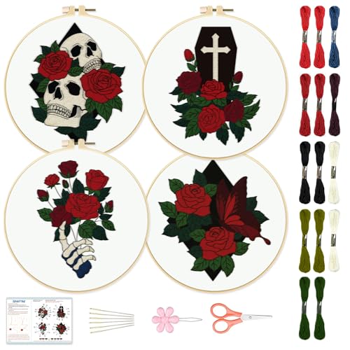 Image of BEUNITONE 4 Set Skull Embroidery kit for Beginners Flower Starter Kits Halloween Skull with Flowers DIY Needlepoint Kit for Adults with Instruction Rose Skull Handmade Embroidery Kits for Gifts