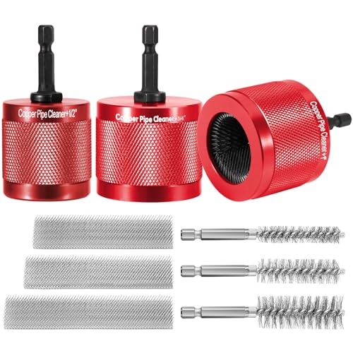 Mtchavno 1/2 & 3/4 & 1 Copper Pipe Cleaner for Drill with 1/4 Hex Shank & 3 Stainless Steel Wire Brushe for Cleaning Rust Stains Paint on Copper Pipes and Various Metal Pipes(Red)