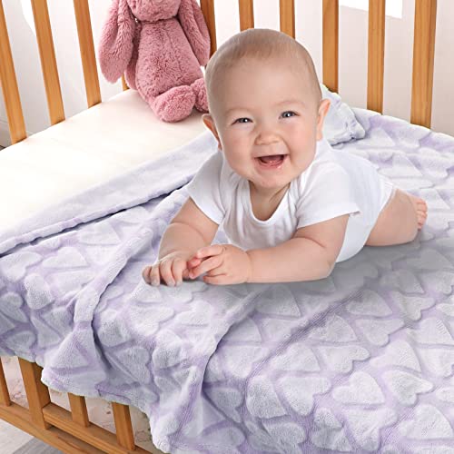 Bertte Plush Baby Blanket For Boys Girls | Swaddle Receiving Blankets Super Soft Warm Lightweight Breathable For Infant Toddler Crib Stroller - 40"X50" Large, Lavender Hearts Embossed #TOP2