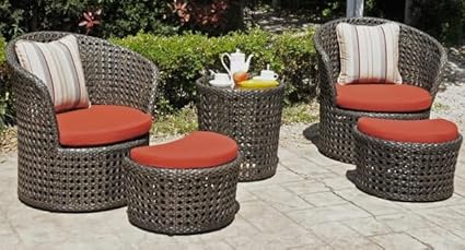 BRISHI 5 Pieces Patio Furniture Set Outdoor Sofa and Ottoman Set with Cushions & Center Table | Balcony Sofa | Wicker Rattan Garden Sofa Set. (Dark Brown/Orange)