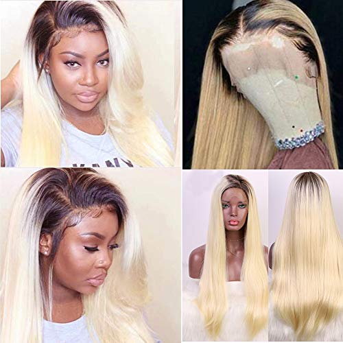 34 Inch Straight Long Hair Dark Roots #1B/613 Ombre Lace Front Human Hair Wig For Black Women 2 Tones 13X4 Free Part 100% Remy Hair Wig Pre Plucked With Baby Hair 613 Half Hand Made Lace Frontal Wigs #TOP6