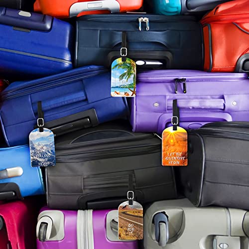 4 Pack Luggage Tags, Leather Suitcase Tags ID Luggage Labels with Unique Landscape Motivational Quote TSA Compatible Bag Tags Identifier with Privacy Cover Adjustable Strap Bag Tags Set for Men Women4