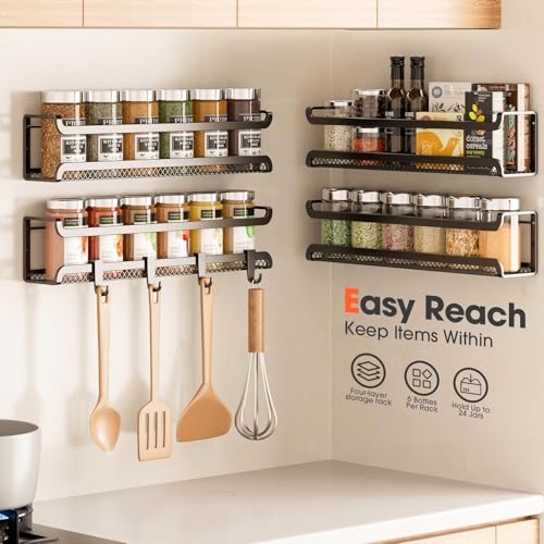 Spice Rack Wall Mounted 4 Pack, Inside Cupboard Spice Organiser with Moveable 4 Hooks, Adhesive and Screws – Seasoning Organizer for Kitchen Door Storage(Black) - Image 6