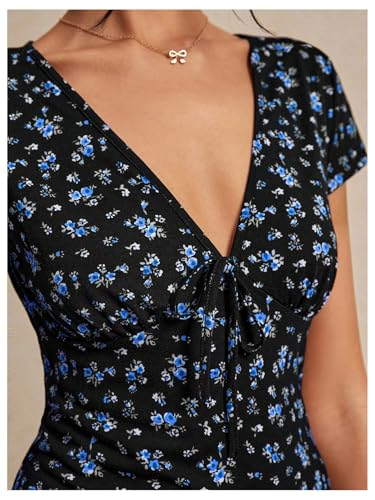 Image of Milumia Women's Boho Disty Floral Mini Dress Deep V Neck Short Sleeve A Line Short Dress Dark Blue