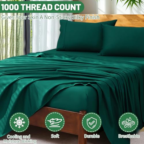 Image of Extra Deep Pocket Queen Sheets 18-24 Inch 100% Egyptian Cotton 1000 Thread Count Sateen Weave Soft Breathable 4 Pieces(Queen,Dark Green)