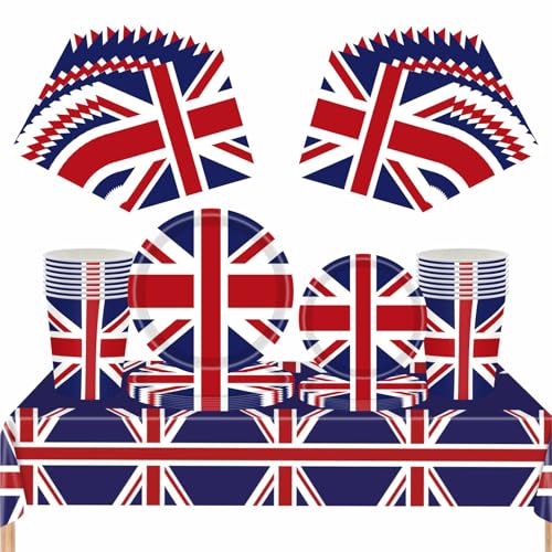 69Pcs Union Jack Party Tableware Set 2026 World Cup Table Decorations UK Flag Paper Plates Napkins Cups and Table Cloth Great Britain Dinnerware for Union Jack Royal Party