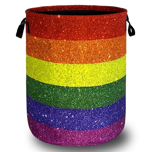 Image of Shiny Rainbow Laundry Basket Oxford Cloth Foldable Hamper 18.9x16.5 Inch | With Handle Tote Bag Colorful Laundry Hamper Clothes Storage Bucket Toy Organizer For Bathroom /Laundry /Bedroom