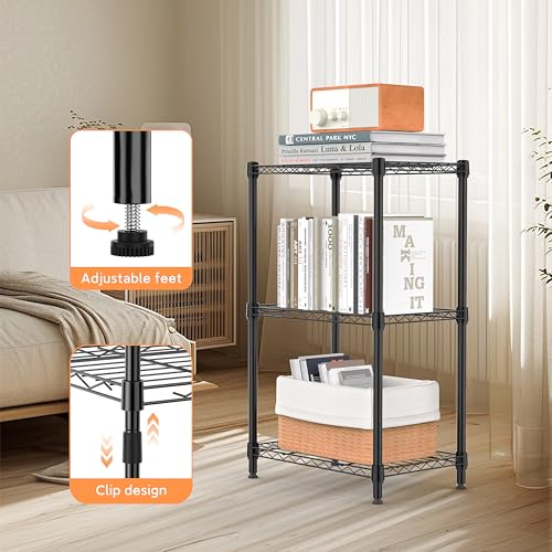 Image of M MZG 3 Tiers Shelf Metal Storage Shelves Wire Rack Closet Organizers with Wheel for Garage Kitchen Bathroom Laundry Black 11.8 inch D x 17.7 inch W x 28.8 inch H