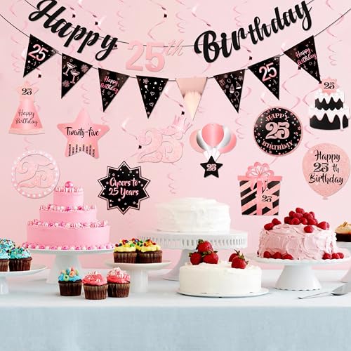 Image of 25th Birthday Decorations for Women Rose Gold Pink Pre Strung Happy 25th Birthday Banner and Hanging Swirls 25 Year Old Party Decorations Supplies