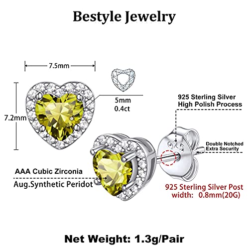 Bestyle 925 Sterling Silver Infinite Birthstone Heart Stud August Peridot Birthstone Earrings, Dainty Love Statement Stud Earrings, Birthday/Valentines/Christmas Gift For Women/Girls #TOP5