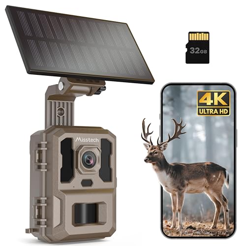 Misstech 4K UHD Solar Trail Camera for Game & Wildlife Monitoring - 0.1s Motion Trigger to Capture Fast Animals, 64MP/4K Clear Night Vision, Map Tag, App Control, IP66 Waterproof, 32GB SD Card
