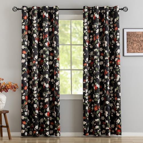 100% Blackout Curtains Floral Black Out Curtains for Living Room Vintage Butterfly Hummingbird Curtain Grommet Thermal Insulated Window Drapes for Bedroom, Black, 2 Panels, 52x84 Inches