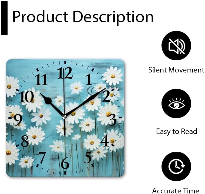 Battery Operated Wall Clocks Daisy Flower On Blue Wooden Silent Non-Ticking Decor Clock with Photo for Bathroom,Office(14inch)