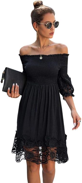 Gets Womens Black Elegant Dress Off The Shoulder Summer Casual Dresses  Short Sleeve Party Cocktail Vintage Dress at Amazon Women's Clothing store