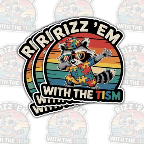 (3 Pcs) Rizz 'Em with The 'Tism Raccoon Sticker – Funny Meme Vinyl Decal for Laptops, Water Bottles, Journals, and More – Retro 90s Style, Waterproof, Die-Cut 3