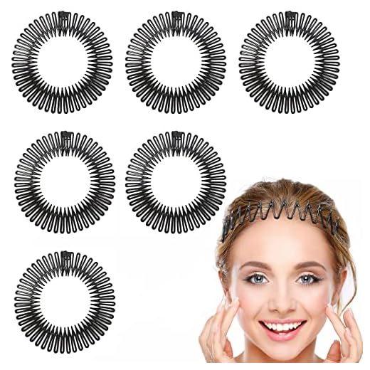 6 PCS Full Circular Stretch Comb Headbands Plastic Flexi Comb Circle Headbands with Teeth for Women's Hair Flexible Plastic Circle Comb Women Lady Stretch Plastic Full Circle Hair Comb (Black)