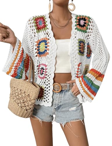 IDEALSANXUN Womens Floral Crochet Cardigan Sweaters Hollow Out Lightweight Jackets
