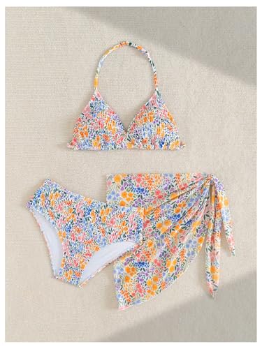 Girl's 3 Piece Swimsuit Floral Bikini Set High Waisted Bathing Suit Halter Swimsuit with Cover Ups Beach Skirt4