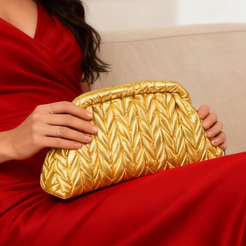 Bolsa de mão feminina luxuosa de lantejoulas douradas de couro sintético texturizado elegante bolsa clutch de nuvem chique para eventos formais, casamento, gala, festa de aniversário, formatura