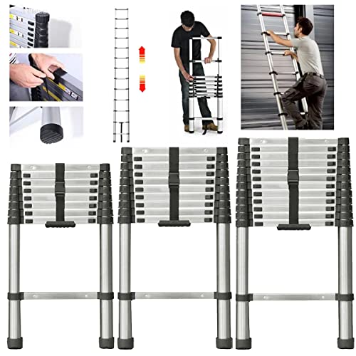 Escalera telescópica de 3,8 m, con antideslizante, 13 peldaños, de acero inoxidable,...