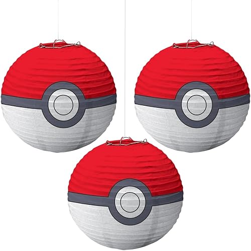 amscan Pokemon - Faroles de fiesta de papel de bola de 11.75 pulgadas de alto, rojo y blanco, paquete de 3