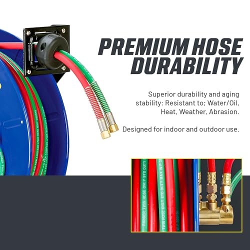 Image of Goodyear Retractable Welding Hose Reel - 1 /4 inch x 65' Twin Oxygen Acetylene Rubber Hoses, Heavy Duty Single Arm, 300 PSI Industrial Standard Dut