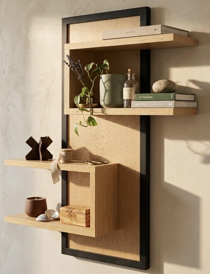 Grande Étagère Murale en Bois Cadre Noir Design Décorative Moderne Originale Flottante Longue - Support Livres, Plantes et Objets - Organisateur pour...