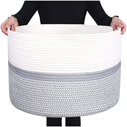 Image of MINTWOOD Design Extra Large 22 x 14in Decorative Woven Cotton Rope Blanket Storage Basket Bin for Living Room and Laundry Hamper for Pillows, Pool Towels, Dog Toys, Shoes, Light Grey Mix