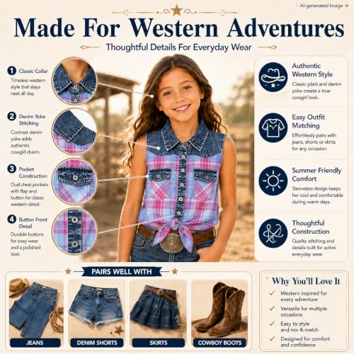 Image of Bienzoe Western Plaid Girls Shirt: Sleeveless Button Down
