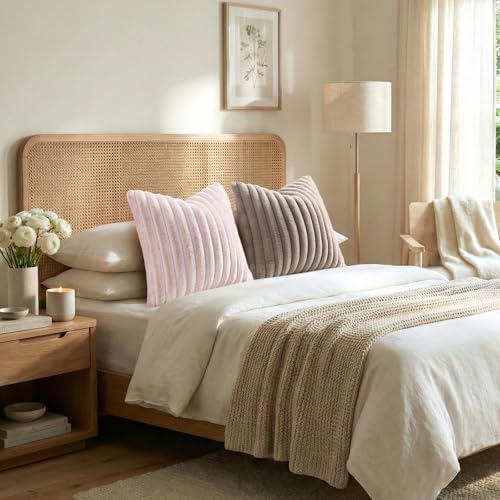 Image of Pallene Faux Fur Plush Throw Pillow Covers 16x16 Set of 2, Luxury Soft Fluffy Striped Decorative Pillow Covers for Sofa, Couch, Living Room, Ombre Pink