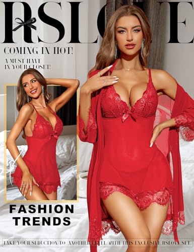 Image of RSLOVE Women Sexy Lingerie Set 3 Piece Babydoll & Lace Kimono Robe Strap Chemise Sleepwear Mesh Nightgown