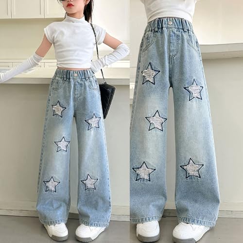 Girl's Kids Cute Star Baggy Jeans Straight Leg Loose Jeans Elastic Waist Pull On Denim Pants for Teens 6-14 Years2
