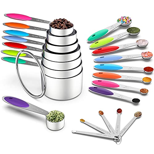 Stylish Measuring Set by Wildone - 21 Steel Compact Pieces, 8 cups, 8 spoons & 5 mini spoons, Colored Handles, For Dry & Liquid Ingredients
