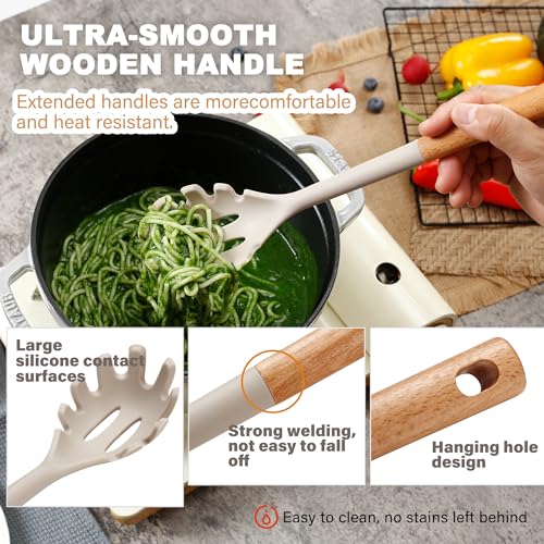 QMVESS Large Silicone Cooking Utensils Set 7 Pcs Heat Resistant Kitchen Utensils Set Food Grade Silicone and Wooden Handles Spatula Soup Ladle Pasta Server Kitchen Scissors BPA Free (Khaki) - Image 4
