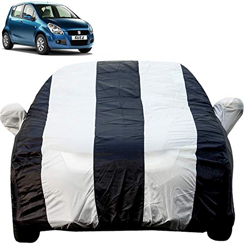 Image of Autofact Car Body Cover with Mirror Pockets Compatible for Maruti Ritz (Triple Stitched, Bottom Fully Elastic, White, Blue Color)