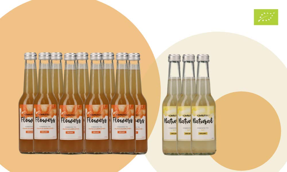 Mūn Ferments Té Kombucha Flowers Pack 12x250ml - Bebida Ecológica Bio Fermentada - Con Probióticos Naturales - Flor de Saúco y Uva - Libre De Azúcar Y Gluten