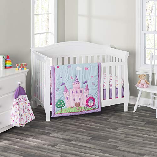Image of EVERYDAY KIDS 4 Piece Girls Crib Bedding Set -Princess Storyland - Includes Quilt, Fitted Sheet, Dust Ruffle and Diaper Stacker - Nursery Bedding Set - Baby Crib Bedding Set