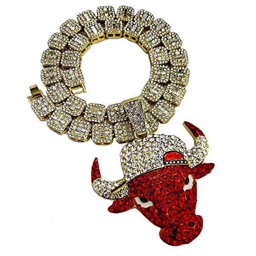 14K Gold plated Large Bull Icy Charm Pendant & 12mm 16