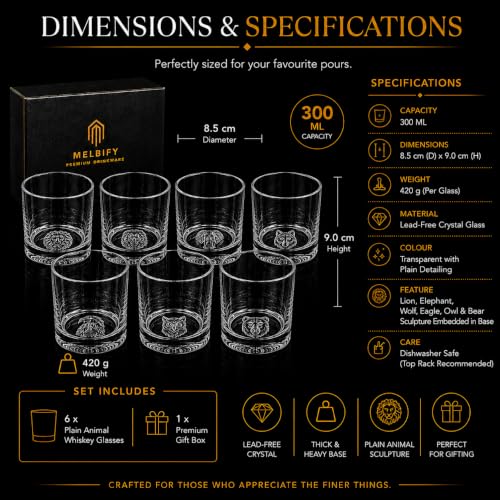 Image of Melbify Plain Animal Whiskey Glass Set | 300 ml | 6 Pc | Whisky Glass with Lion, Eagle, Elephant, Wolf, Bear & Owl Base Design | Heavy Bottom Drinking Glasses | Premium Gift Box