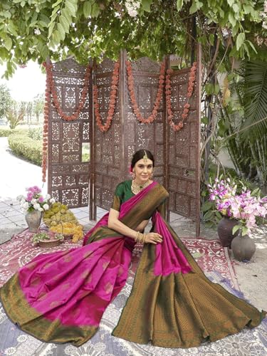 Image of Women's Soft Art Silk Kanjivaram Saree and Unstitched Blouse Piece with Floral Rich Pallu and Jacquard Jari Work On All Over | South Indian Saree