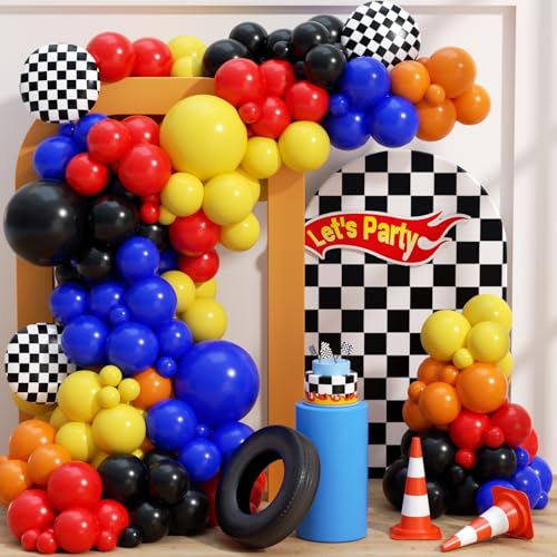 Image of 160Pcs Race Car Balloon Garland Arch Kit - Car Wheels Checkered Balloons 18 12 10 5 Inch Different Size Balloons for Racing Car Two Fast 2nd Monster Theme Birthday Party Decorations Supplies