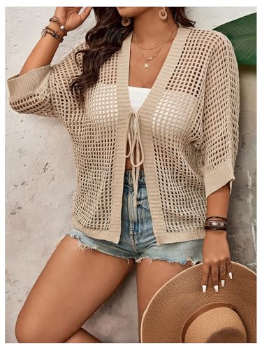 Verdusa Women's Plus Size Hollow Out Lightweight Cardigans Casual Bow Tie Outerwear Western Knit Tops4
