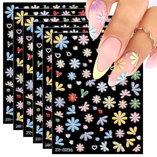 JMEOWIO 3D Flores Pegatinas 6 Hojas Para Uñas Autoadesiva 5D Nail Art Stickers Decoración