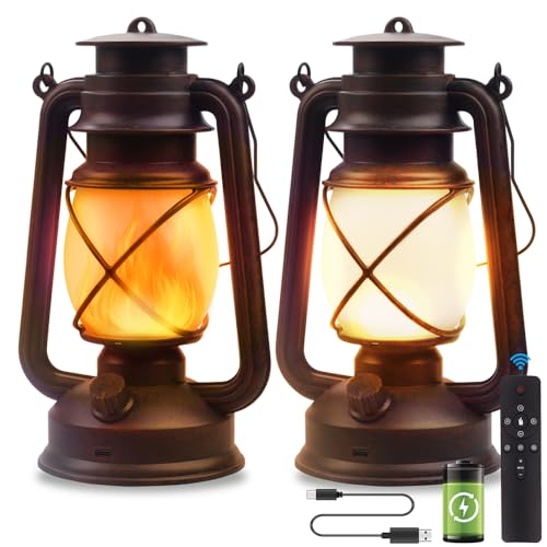 Lantern LED Battery Powered Camping Lamp Outdoor Hanging Lantern Flickering Flame Rechargeable Retro Lanterns Remote Control 4 Modes Light Non-Solar 2 Pack
