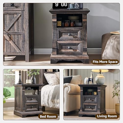 Image of Farmhouse Nightstand Set of 2, 18 inch Sofa Side Table with Charging Station