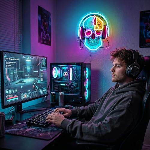 Image of Skull Neon Sign with Headphones,LED Gaming Neon Light,Dimmable USB Powered Neon Wall Sign for Gamer Room, Bedroom, Man Cave, Cool Aesthetic Neon Sign
