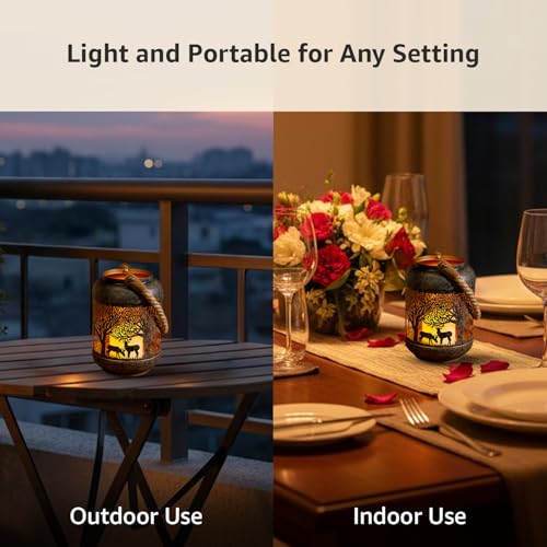 Image of Amazon Brand - Solimo Tea Light Lantern - Round Deer Design, Brown Antique Iron with Gold Interior (Size: L-15 cm x W-15 cm x H-23 cm)